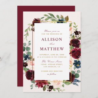 Watercolor burgundy blush floral wedding invitation
