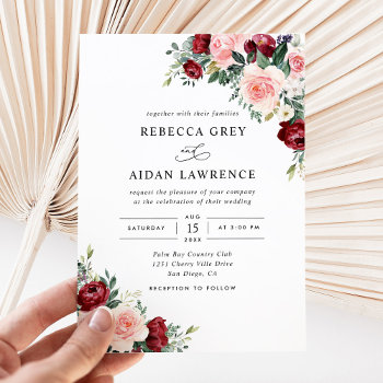 Watercolor Burgundy Blush Floral Wedding Invitation by PeachBloome at Zazzle