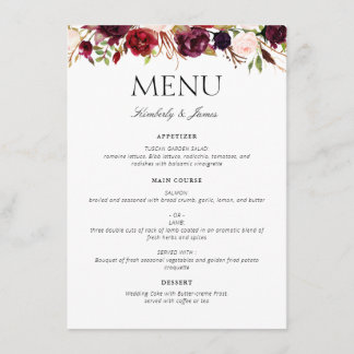 watercolor burgundy & blush floral wedding menu