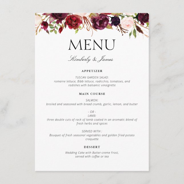 watercolor burgundy & blush floral wedding menu (Front)