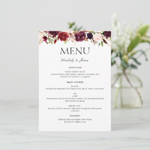 watercolor burgundy & blush floral wedding menu | Zazzle