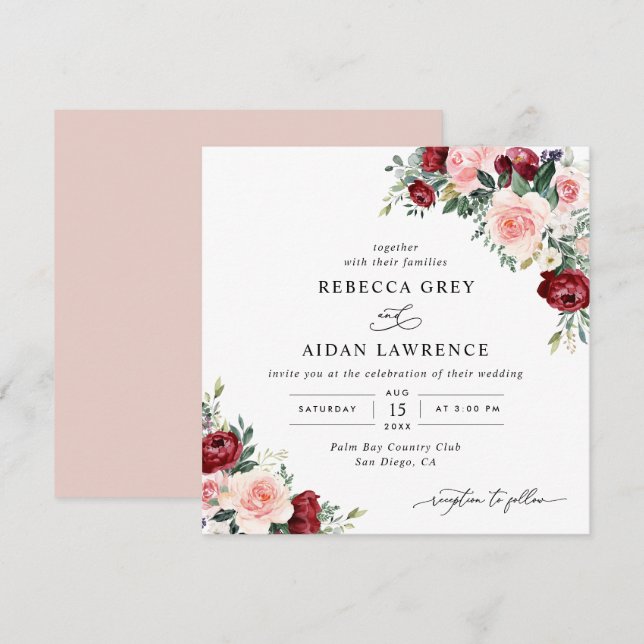 Watercolor Burgundy Blush Floral Wedding Square Invitation (Front/Back)