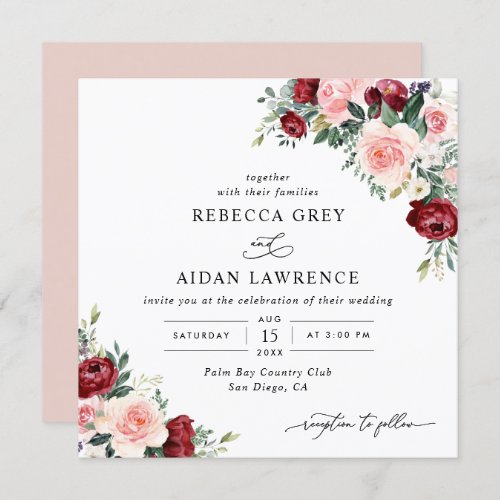 Watercolor Burgundy Blush Floral Wedding Square Invitation
