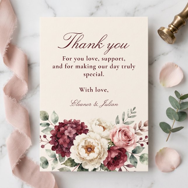 Watercolor Burgundy Blush Floral Wedding Thank You Card (Creator Uploaded)