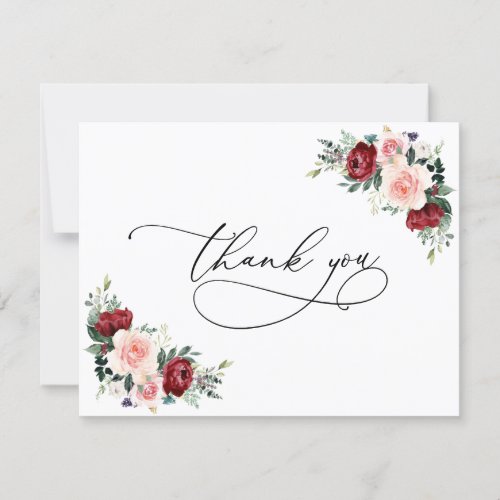 Watercolor Burgundy Blush Floral Wedding Thank You Card