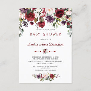 Watercolor Burgundy Blush Flowers Baby Shower Invitation