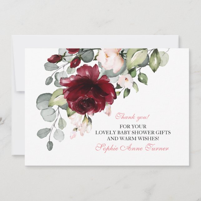 Watercolor Burgundy Blush Flowers Baby Shower Thank You Card (Front)