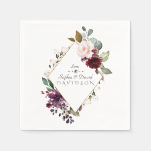 Watercolor Burgundy Blush Flowers Frame Wedding Napkins