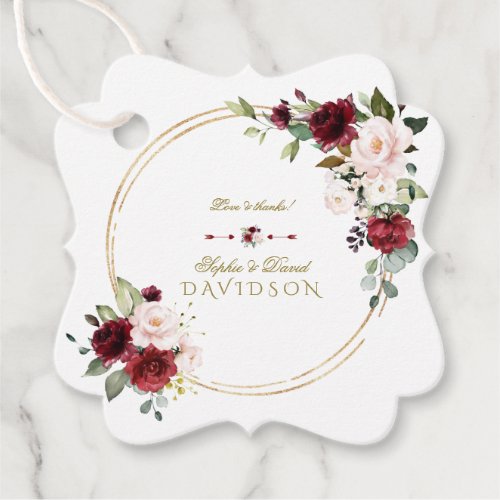 Watercolor Burgundy Blush Flowers Gold Wedding Favor Tags