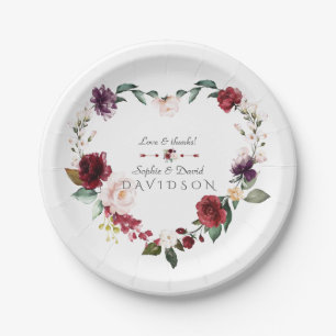 Watercolor Burgundy Blush Flowers Wreath Wedding Paper Plates