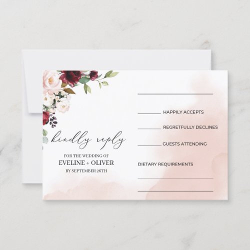 Watercolor burgundy blush pink floral boho wedding RSVP card