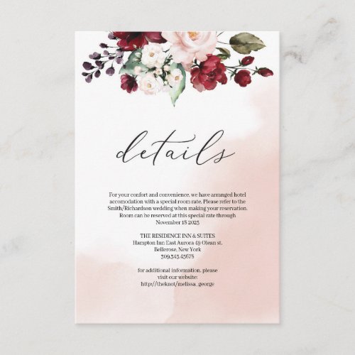 Watercolor burgundy blush pink floral greenery enclosure card