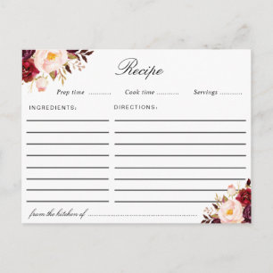 Watercolor burgundy blush pink floral recipe card