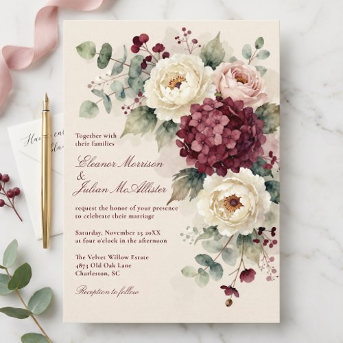 Watercolor Burgundy Blush Pink Floral Wedding Invitation