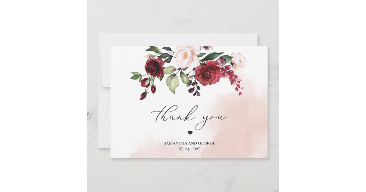 Watercolor burgundy blush pink floral wedding thank you card | Zazzle