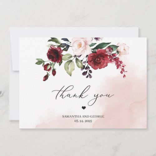Watercolor burgundy blush pink floral wedding thank you card