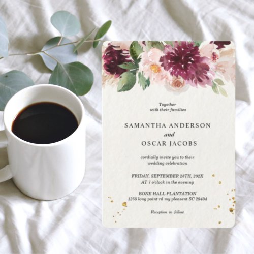  Watercolor Burgundy Blush Pink  Red Floral   Invitation