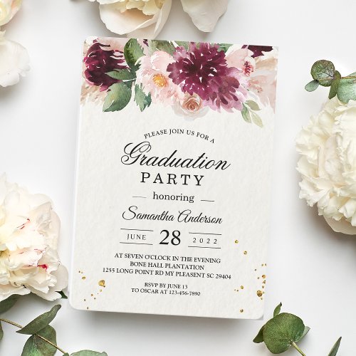  Watercolor Burgundy Blush Pink  Red Floral   Invitation