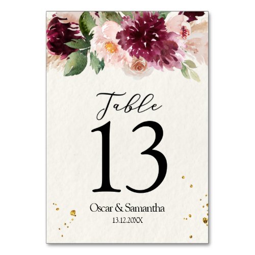  Watercolor Burgundy Blush Pink  Red Floral   Table Number