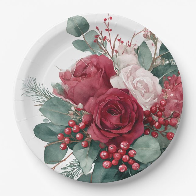 Watercolor Burgundy & Blush Roses Bridal Shower Paper Plates (Front)