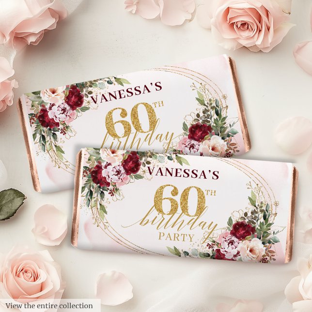 Watercolor Burgundy Blush Roses Gold 60th Candy  Hershey's Miniatures (Watercolor Burgundy Blush Roses Gold 60th Candy Favor)