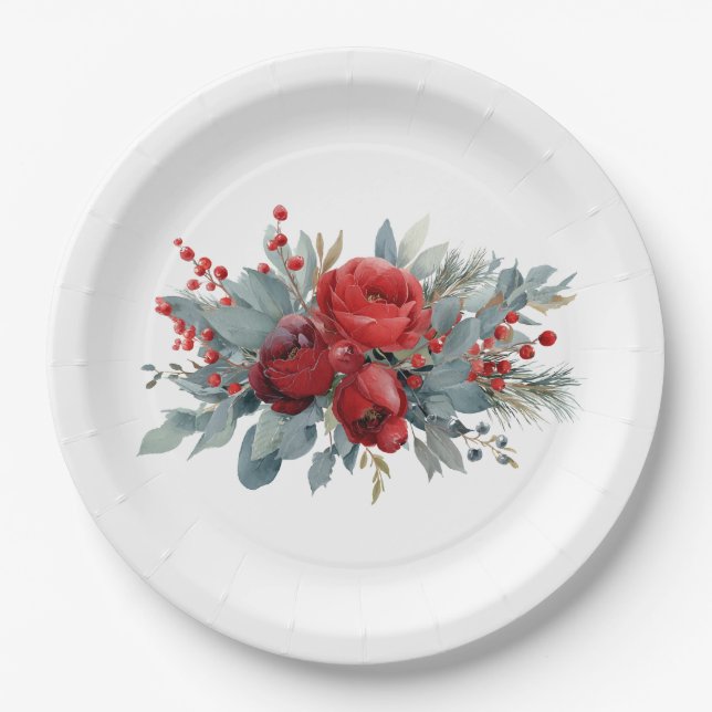 Watercolor Burgundy & Blush Roses wedding Paper Plates (Front)