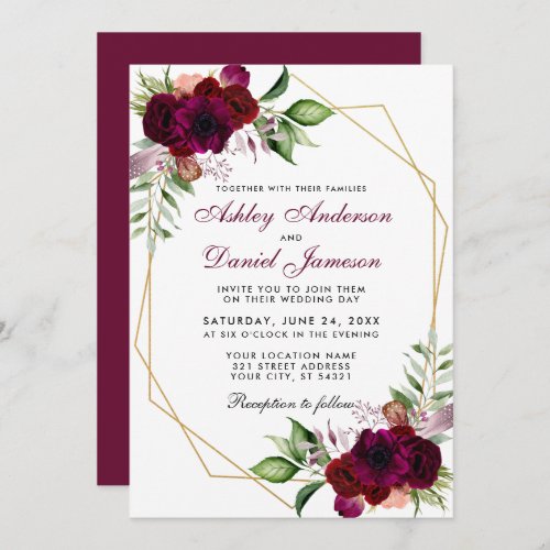 Watercolor Burgundy Boho Floral Gold Frame Wedding Invitation