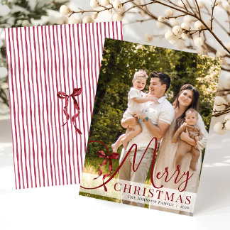 Watercolor Burgundy Bow Merry Christmas Photo Holiday Card