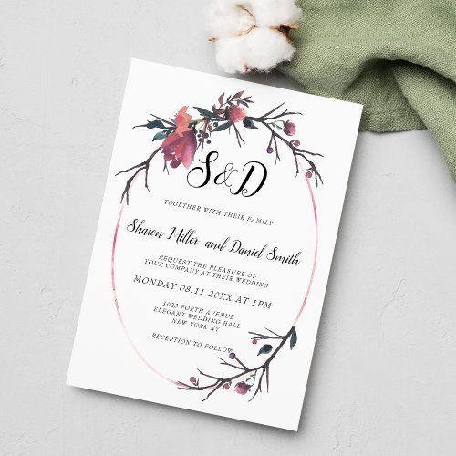 Watercolor burgundy brown pink gray floral wedding invitation