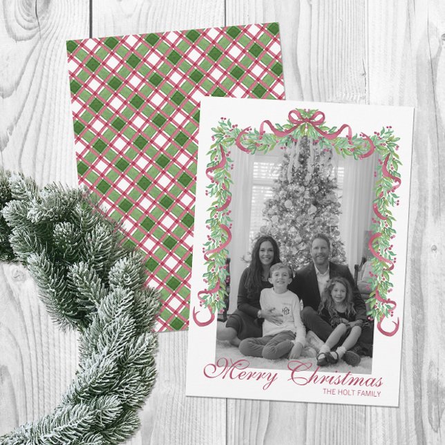 Watercolor Burgundy Christmas Garland Photo Holiday Card (Creator Uploaded)