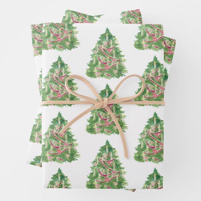 Watercolor Burgundy Christmas Tree Wrapping Paper Sheets (In situ)