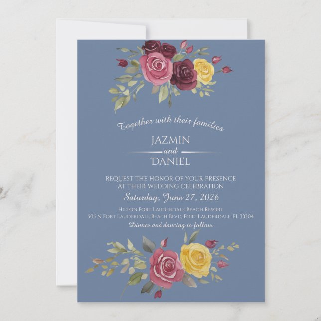 Watercolor Burgundy Country Roses Pink Blue Invitation (Front)