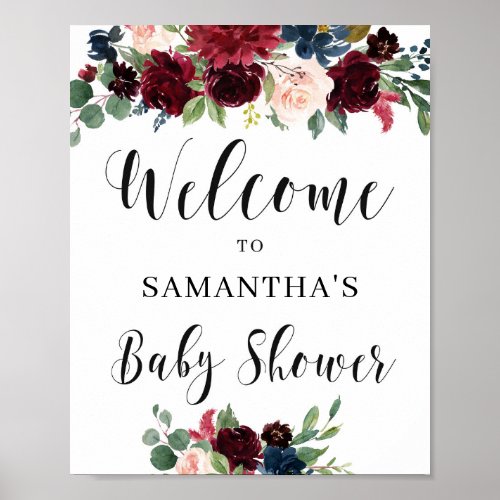 Watercolor burgundy deep red navy floral baby poster