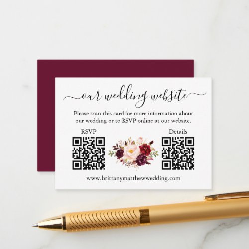 Watercolor Burgundy Floral 2 QR RSVP Details Enclosure Card