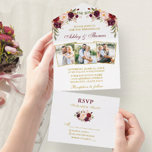Watercolor Burgundy Floral 3 Photo Gold Wedding All In One Invitation