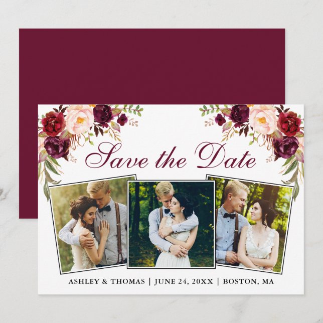 Watercolor Burgundy Floral 3 Photo  Save The Date (Front/Back)