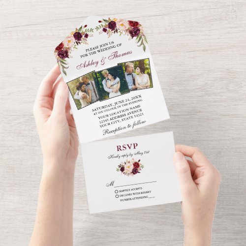 Watercolor Burgundy Floral 3 Photo Wedding All In One Invitation