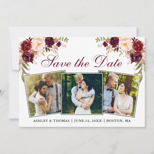 Watercolor Burgundy Floral 3 Photos Save The Date