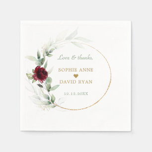 Watercolor Burgundy Floral Airy Leaves Wedding Napkins