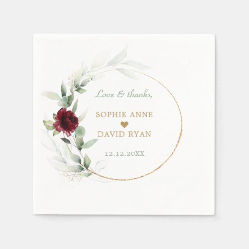 Watercolor Burgundy Floral Airy Leaves Wedding  Napkins