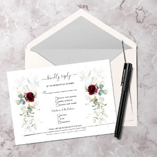 Watercolor Burgundy Floral Airy Leaves Wedding RSVP Card