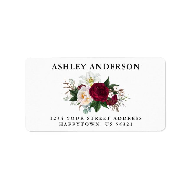Watercolor Burgundy Floral and Greenery Address Label (Front)