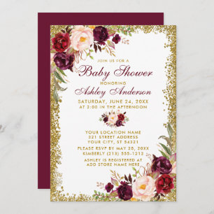 Watercolor Burgundy Floral Baby Shower Glitter Invitation