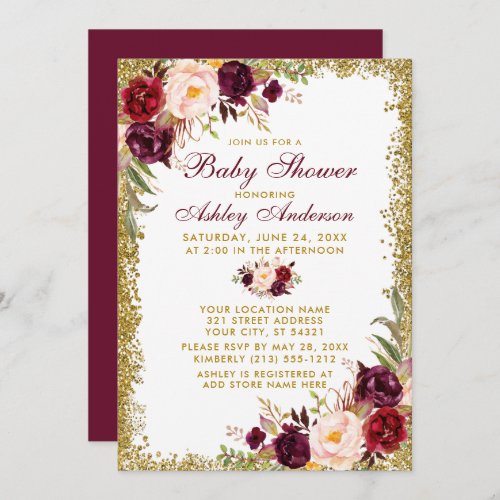 Watercolor Burgundy Floral Baby Shower Glitter Invitation