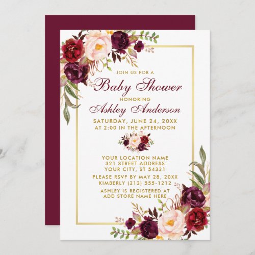 Watercolor Burgundy Floral Baby Shower Gold Invitation
