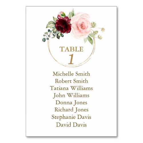 Watercolor Burgundy Floral Baptism Seating Chart Table Number