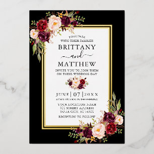 Watercolor Burgundy Floral Black 2 Frame Gold Foil Invitation