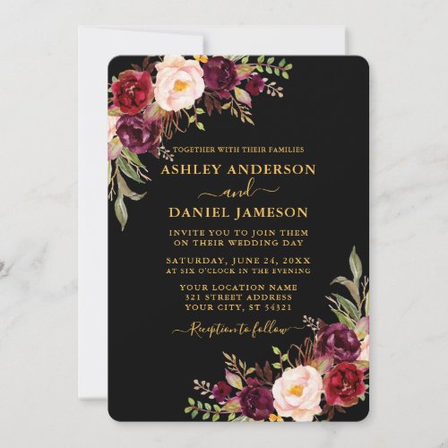 Watercolor Burgundy Floral Black and Gold Wedding Invitation