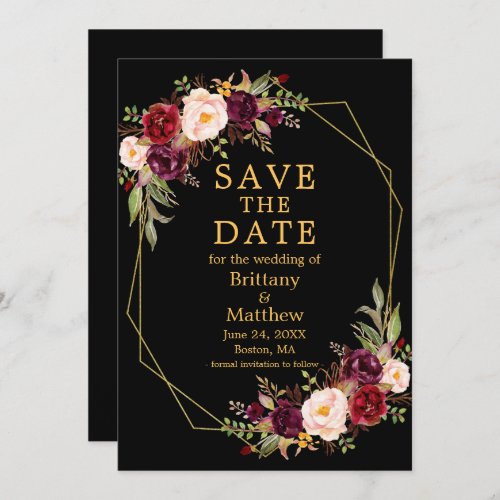 Watercolor Burgundy Floral Black Gold Geo Frame Save The Date