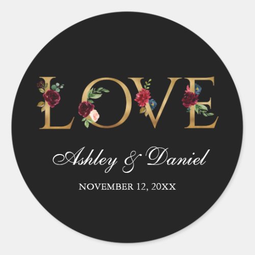 Watercolor Burgundy Floral Black Gold Love Wedding Classic Round Sticker